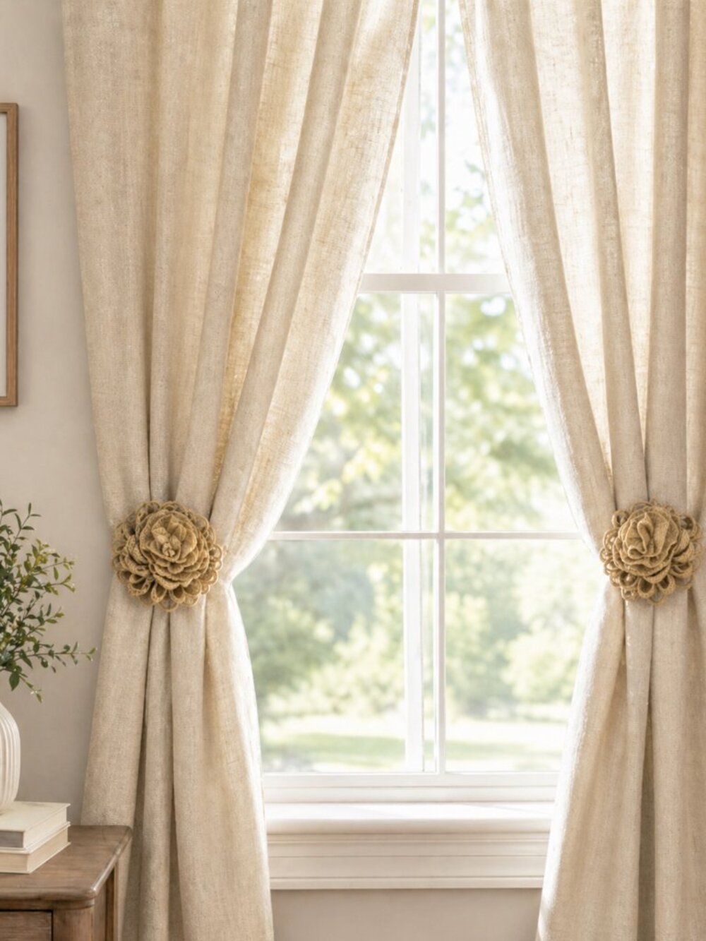 Handmade Burlap Flower Curtain Clip Backs